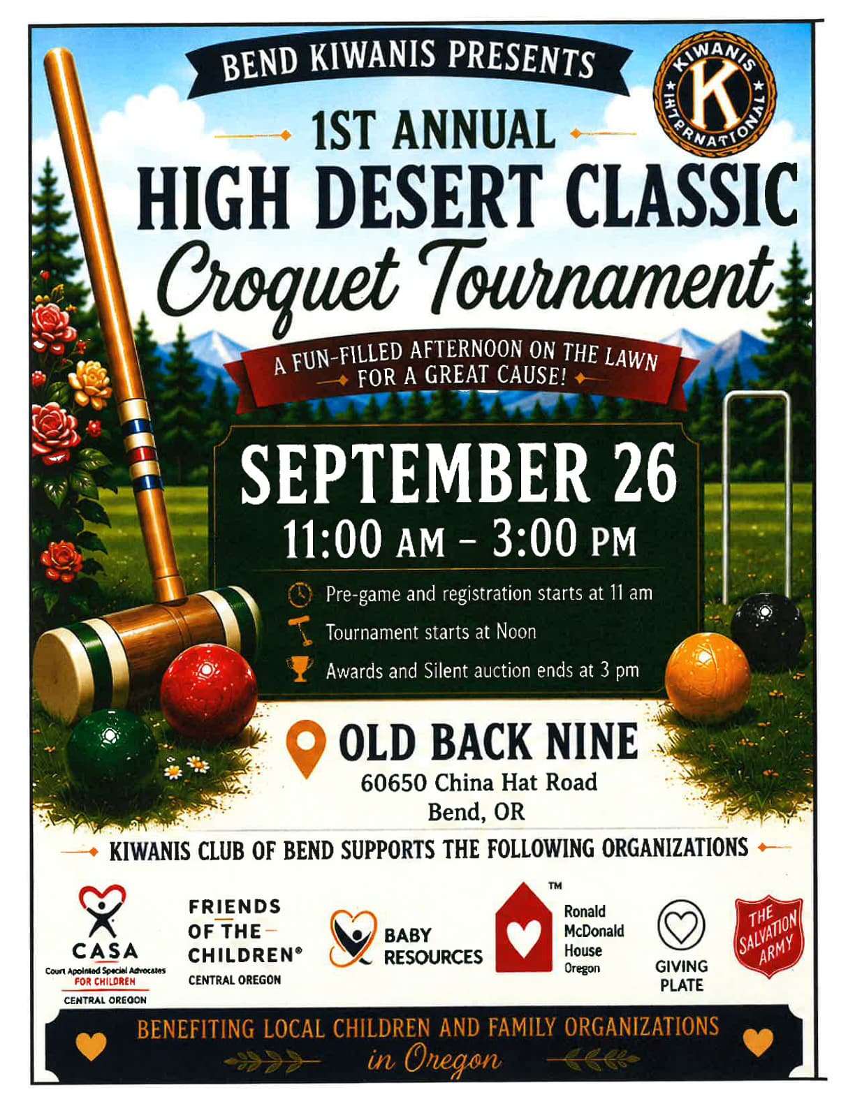 Flyer for the Bend Kiwanis 1st Annual High Desert Classic Croquet Tournament on September 26